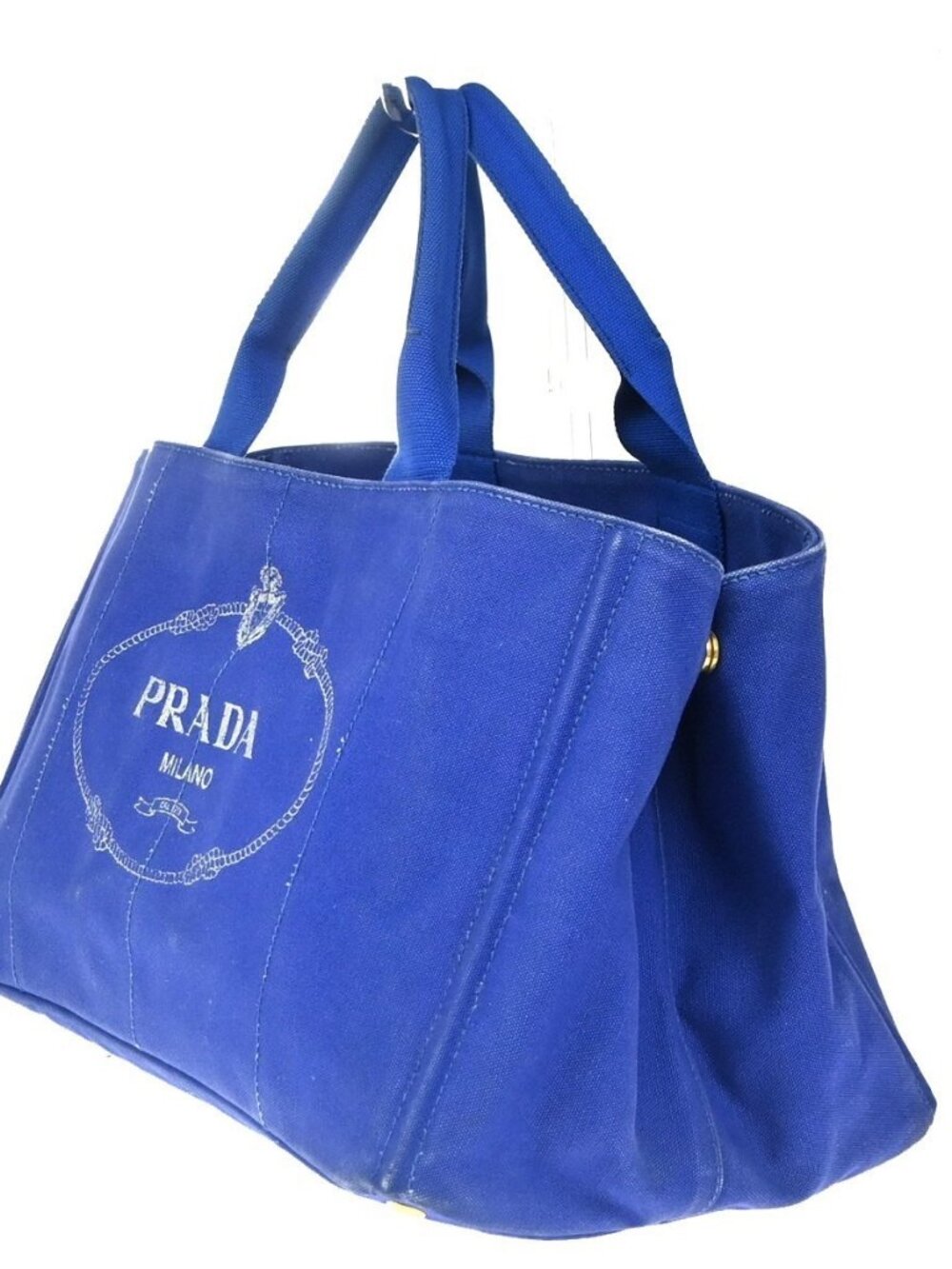 PRADA Logo CANAPA Shoulder Hand Tote Bag Canvas Leather Blue GHW 36KC773 - Picture 2 of 16